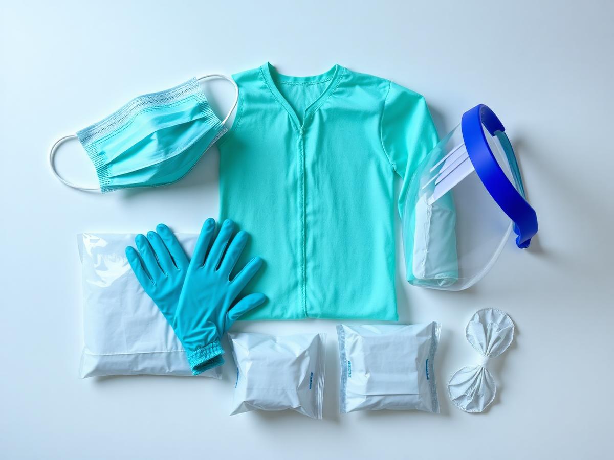 A complete sterile PPE kit laid out: mask, gloves, gown, face shield and shoe covers