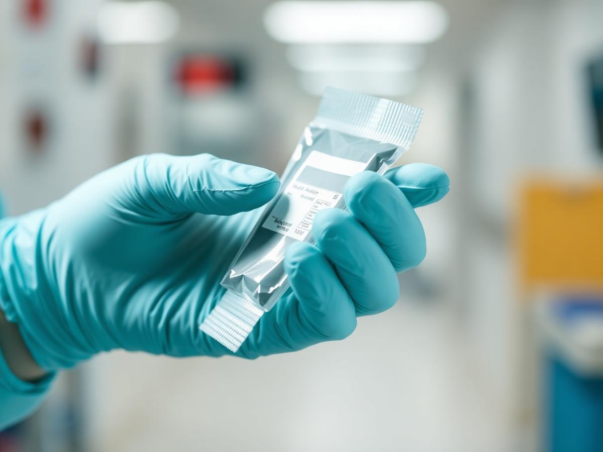 Gloved healthcare worker holding sealed sterile PPE packaging